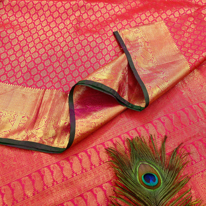 Indian Vintage Heavy Rani Pink Hand woven Kanjivaram Saree 100% Pure Silk Sari Metallic Golden Zari 5Yd Floral Crafting Dress making Fringes