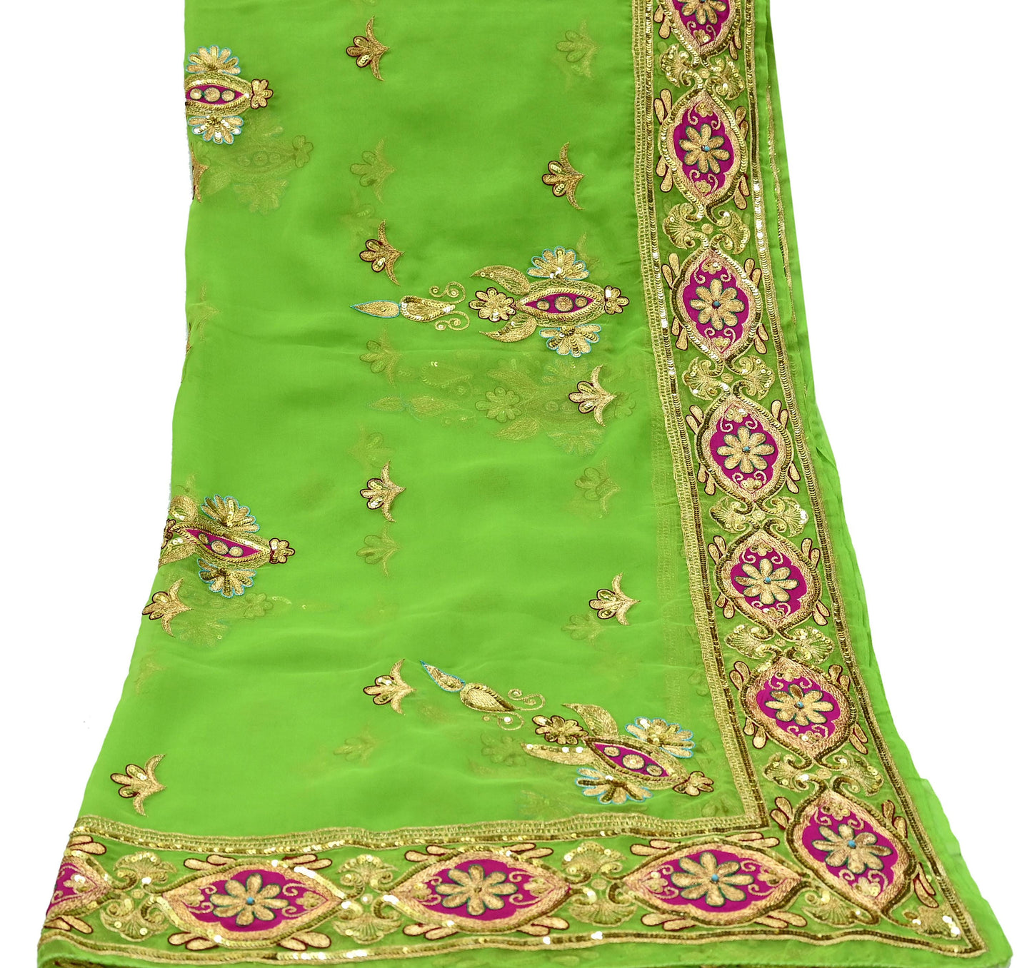 Indian Vintage Bridal Heavy Parrot Green Dupatta American Georgette  Hand Embroidered Rajputi Odhani Scarves Zari Zardozi Bollywood Wedding