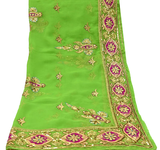 Indian Vintage Bridal Heavy Parrot Green Dupatta American Georgette  Hand Embroidered Rajputi Odhani Scarves Zari Zardozi Bollywood Wedding