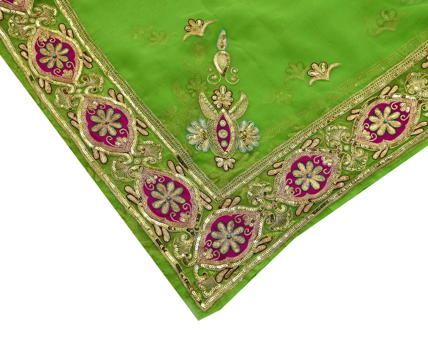 Indian Vintage Bridal Heavy Parrot Green Dupatta American Georgette  Hand Embroidered Rajputi Odhani Scarves Zari Zardozi Bollywood Wedding