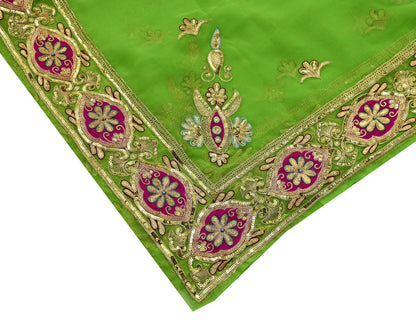 Indian Vintage Bridal Heavy Parrot Green Dupatta American Georgette  Hand Embroidered Rajputi Odhani Scarves Zari Zardozi Bollywood Wedding