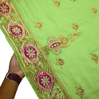 Indian Vintage Bridal Heavy Parrot Green Dupatta American Georgette  Hand Embroidered Rajputi Odhani Scarves Zari Zardozi Bollywood Wedding