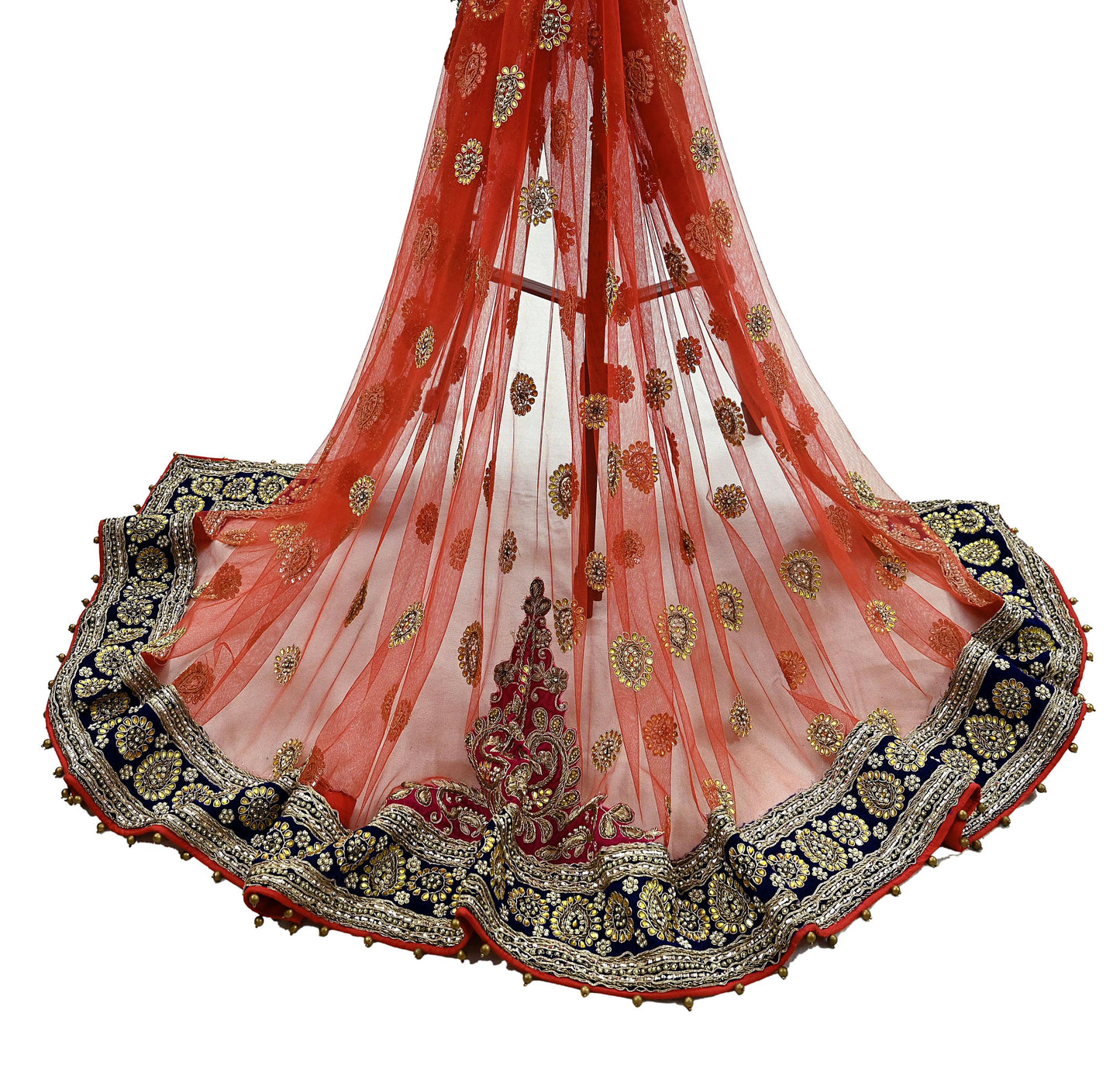 Indian Vintage Heavy Bridal Orange Dupatta Net Mesh Long Stole Hand Embroidered Scarves Golden Zardozi Dabka Zari Sequins Wedding Veil Hijab