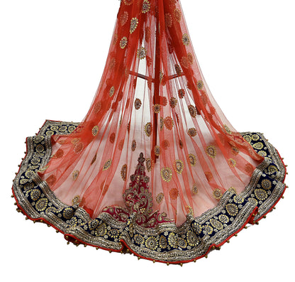 Indian Vintage Heavy Bridal Orange Dupatta Net Mesh Long Stole Hand Embroidered Scarves Golden Zardozi Dabka Zari Sequins Wedding Veil Hijab