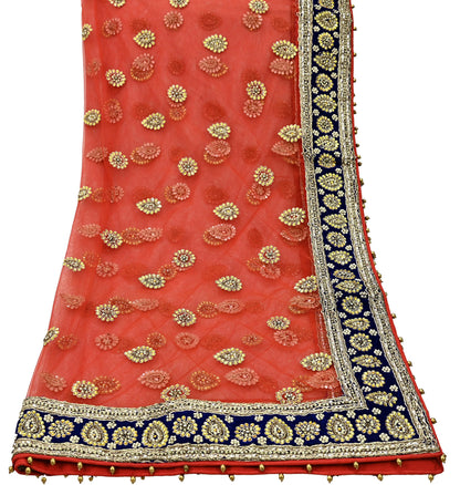 Indian Vintage Heavy Bridal Orange Dupatta Net Mesh Long Stole Hand Embroidered Scarves Golden Zardozi Dabka Zari Sequins Wedding Veil Hijab