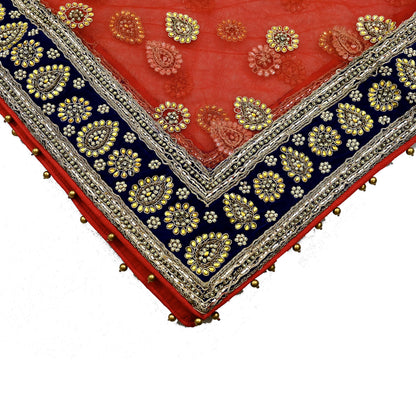 Indian Vintage Heavy Bridal Orange Dupatta Net Mesh Long Stole Hand Embroidered Scarves Golden Zardozi Dabka Zari Sequins Wedding Veil Hijab