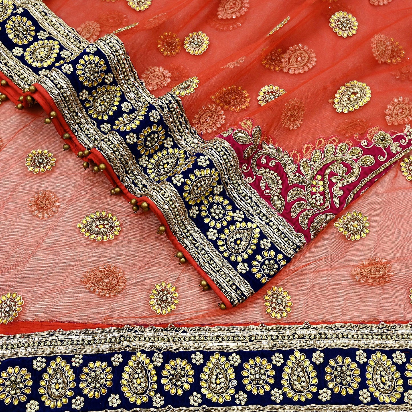 Indian Vintage Heavy Bridal Orange Dupatta Net Mesh Long Stole Hand Embroidered Scarves Golden Zardozi Dabka Zari Sequins Wedding Veil Hijab