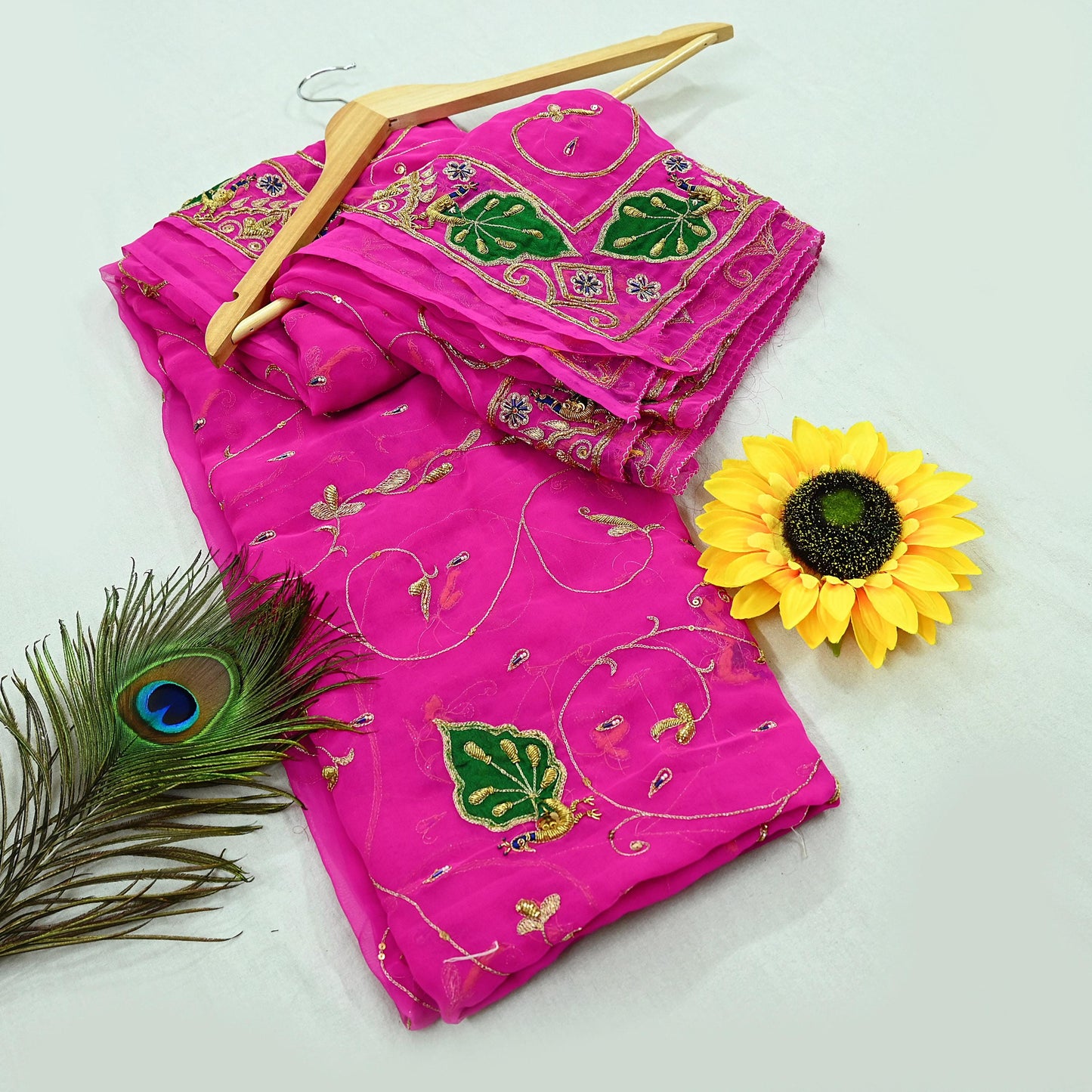 Indian Vintage Bridal Heavy Rani Pink Dupatta American Georgette  Hand Embroidered Rajputi Odhani Scarves Zari Zardozi Bollywood Wedding