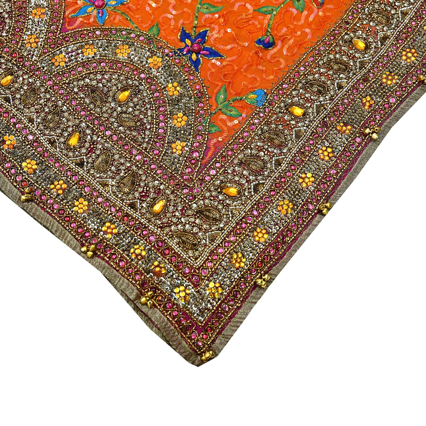 Indian Vintage Heavy Bridal Dupatta Orange Pure Georgette Silk Long Stole Hand Embroidered Scarf Zardozi/Dabka Zari Wedding/Party Dupatta