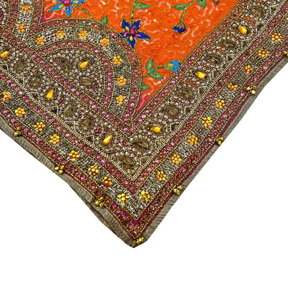 Indian Vintage Heavy Bridal Dupatta Orange Pure Georgette Silk Long Stole Hand Embroidered Scarf Zardozi/Dabka Zari Wedding/Party Dupatta