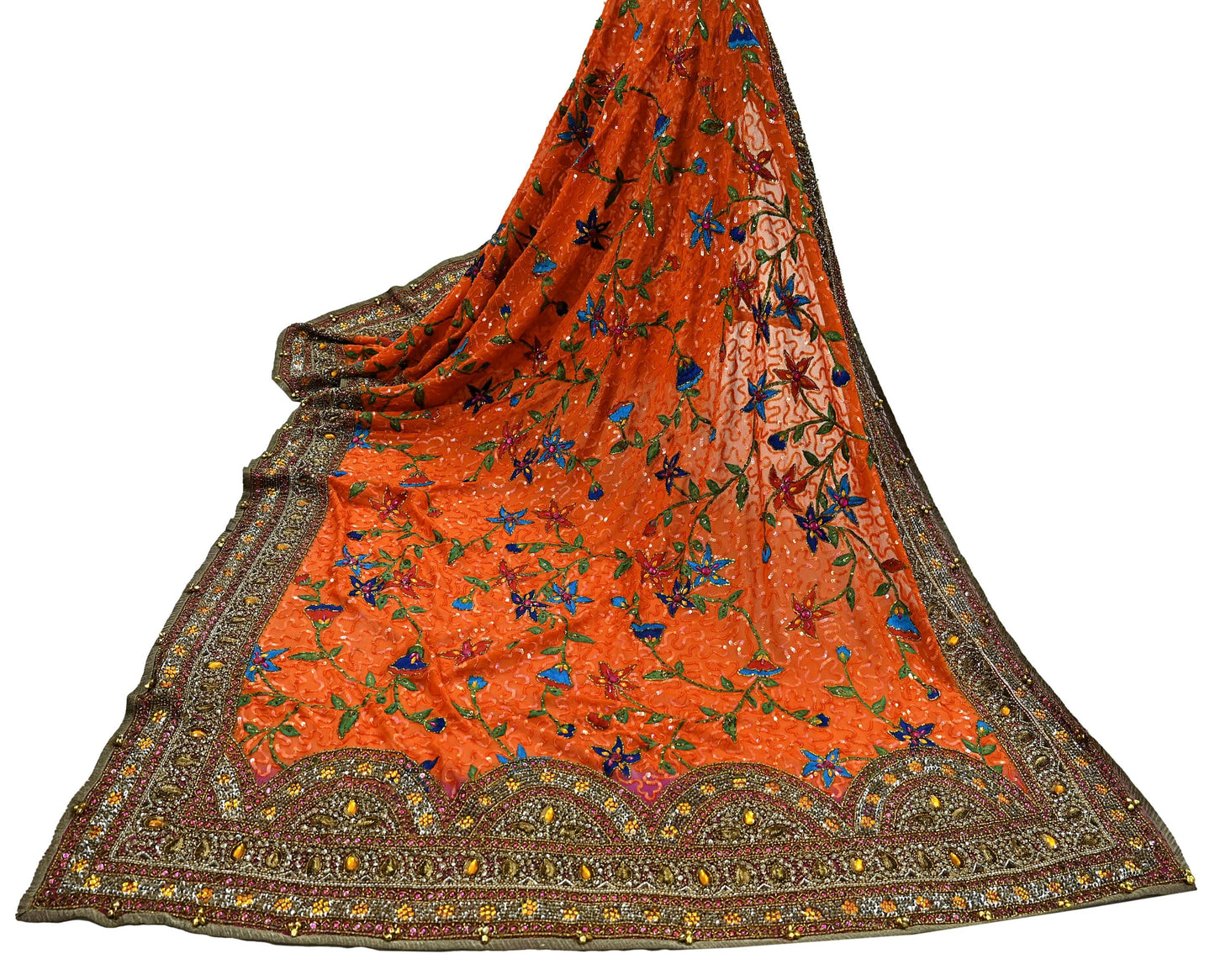 Indian Vintage Heavy Bridal Dupatta Orange Pure Georgette Silk Long Stole Hand Embroidered Scarf Zardozi/Dabka Zari Wedding/Party Dupatta