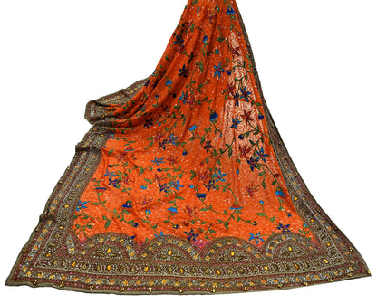 Indian Vintage Heavy Bridal Dupatta Orange Pure Georgette Silk Long Stole Hand Embroidered Scarf Zardozi/Dabka Zari Wedding/Party Dupatta