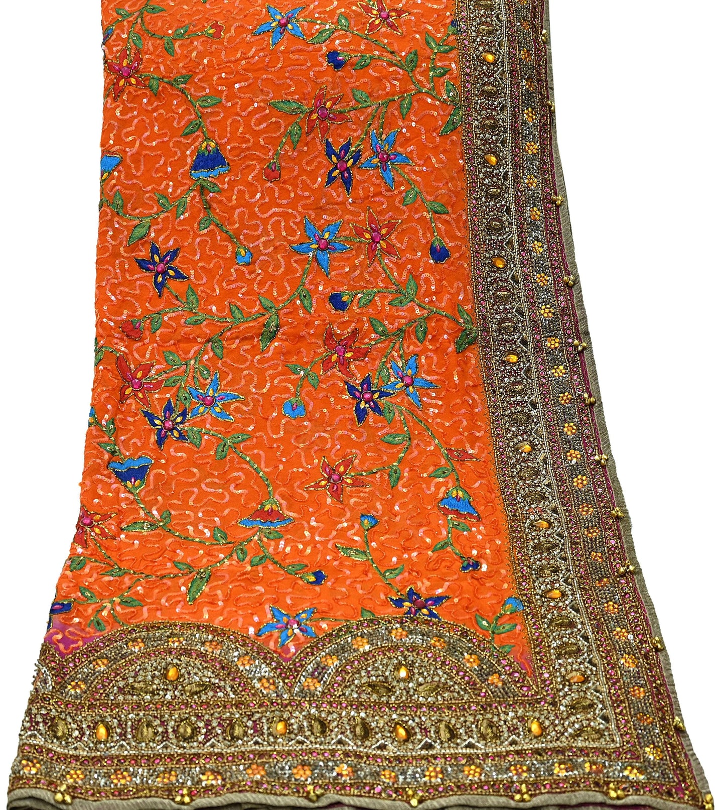 Indian Vintage Heavy Bridal Dupatta Orange Pure Georgette Silk Long Stole Hand Embroidered Scarf Zardozi/Dabka Zari Wedding/Party Dupatta