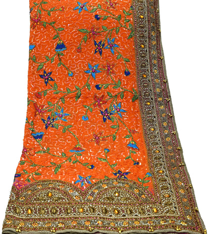 Indian Vintage Heavy Bridal Dupatta Orange Pure Georgette Silk Long Stole Hand Embroidered Scarf Zardozi/Dabka Zari Wedding/Party Dupatta