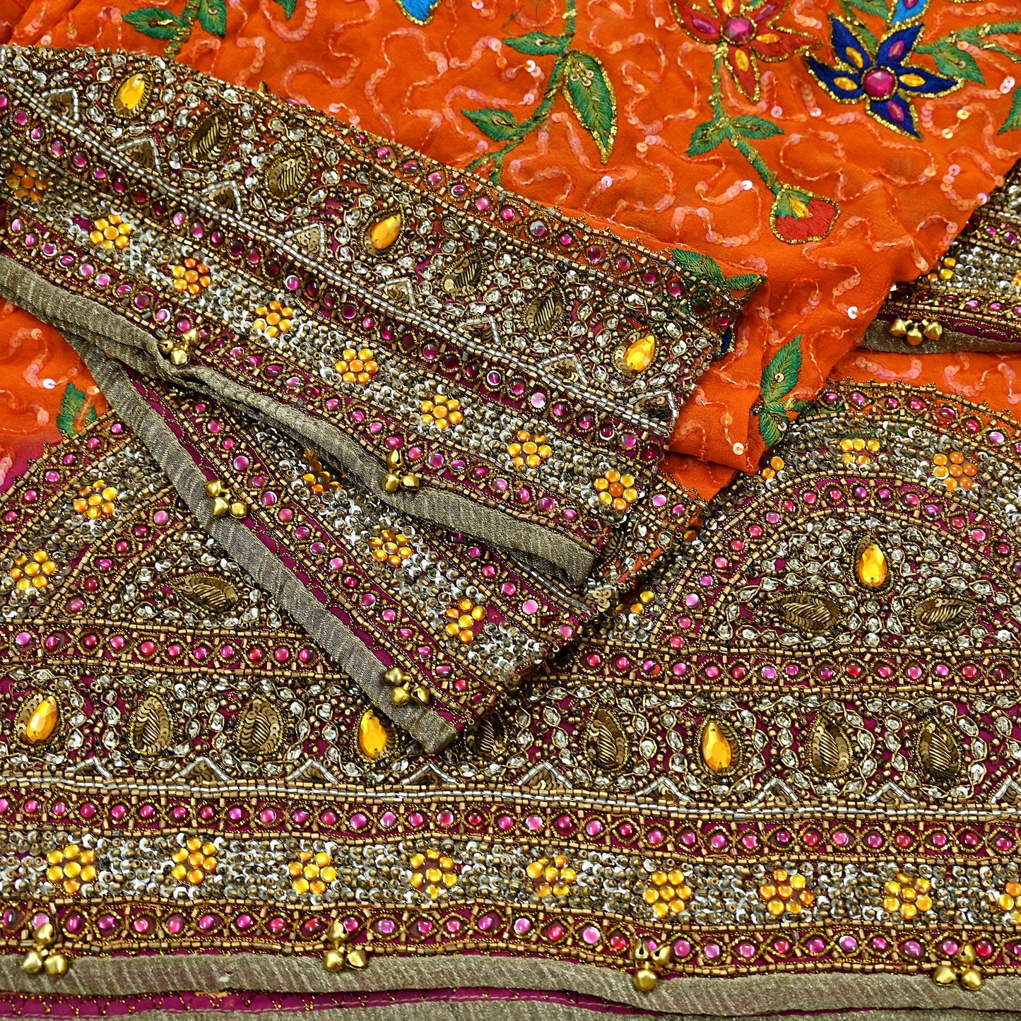 Indian Vintage Heavy Bridal Dupatta Orange Pure Georgette Silk Long Stole Hand Embroidered Scarf Zardozi/Dabka Zari Wedding/Party Dupatta