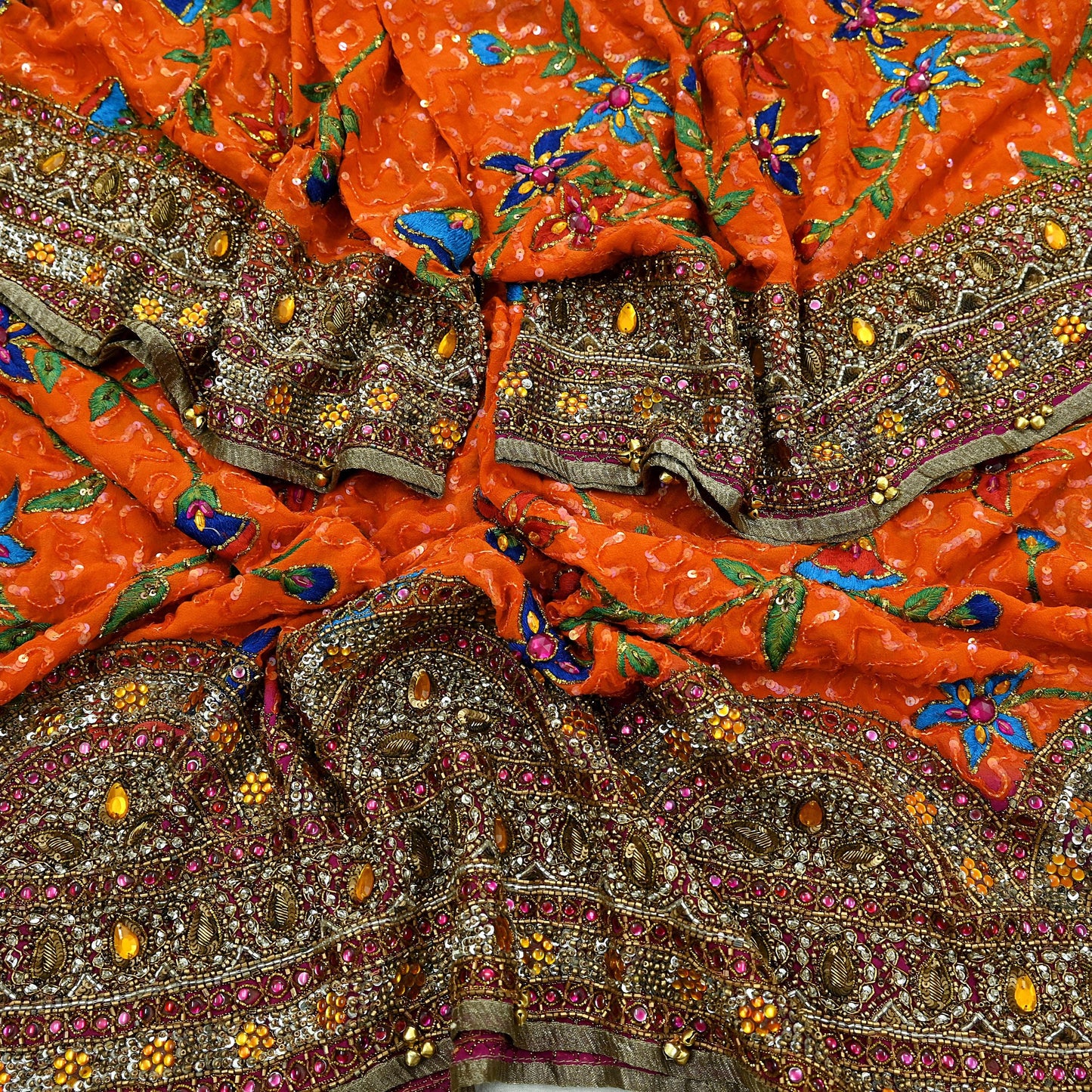 Indian Vintage Heavy Bridal Dupatta Orange Pure Georgette Silk Long Stole Hand Embroidered Scarf Zardozi/Dabka Zari Wedding/Party Dupatta