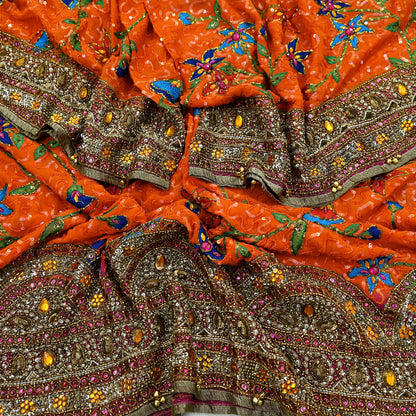 Indian Vintage Heavy Bridal Dupatta Orange Pure Georgette Silk Long Stole Hand Embroidered Scarf Zardozi/Dabka Zari Wedding/Party Dupatta