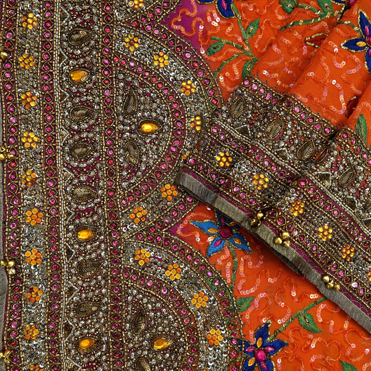 Indian Vintage Heavy Bridal Dupatta Orange Pure Georgette Silk Long Stole Hand Embroidered Scarf Zardozi/Dabka Zari Wedding/Party Dupatta