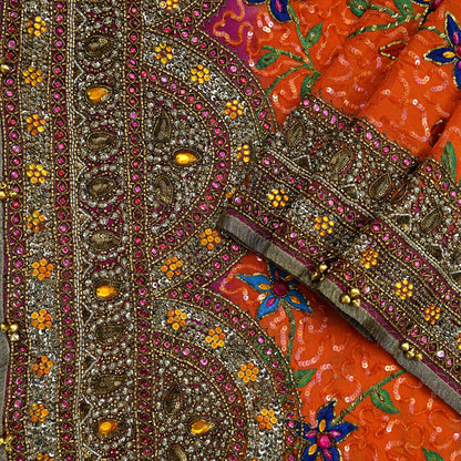 Indian Vintage Heavy Bridal Dupatta Orange Pure Georgette Silk Long Stole Hand Embroidered Scarf Zardozi/Dabka Zari Wedding/Party Dupatta