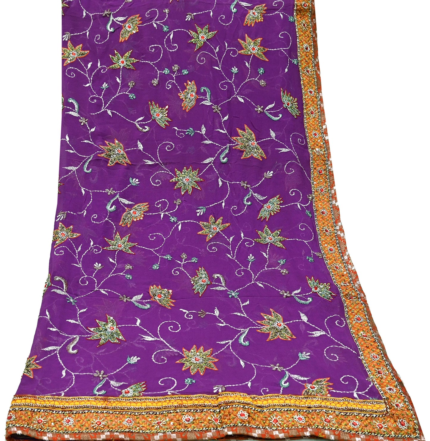 Indian Vintage Heavy Purple Dupatta Pure Georgette Silk Long Stole Hand Embroidered  Scarves Zardozi