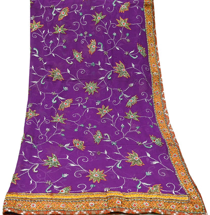 Indian Vintage Heavy Purple Dupatta Pure Georgette Silk Long Stole Hand Embroidered  Scarves Zardozi
