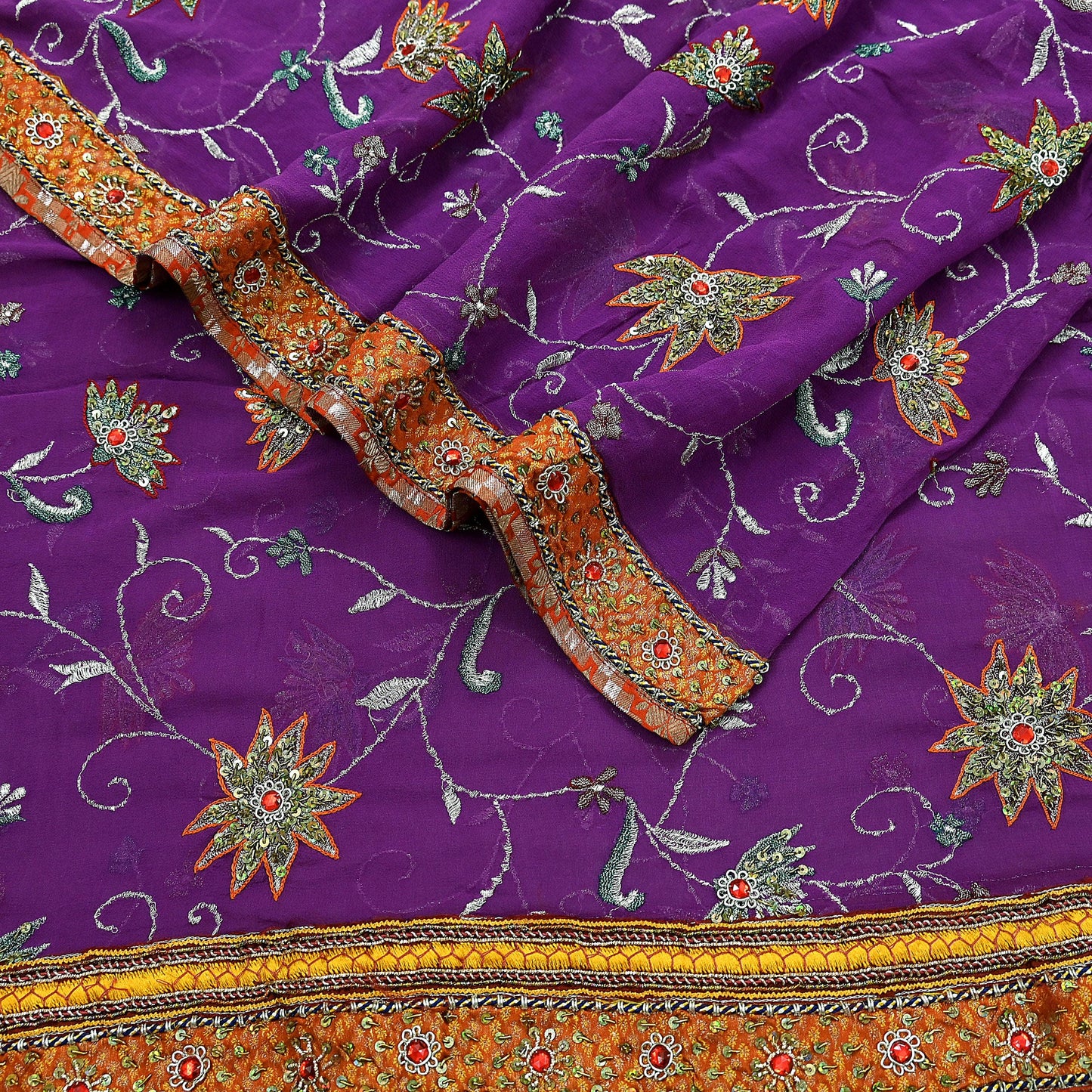 Indian Vintage Heavy Purple Dupatta Pure Georgette Silk Long Stole Hand Embroidered  Scarves Zardozi