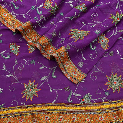 Indian Vintage Heavy Purple Dupatta Pure Georgette Silk Long Stole Hand Embroidered  Scarves Zardozi