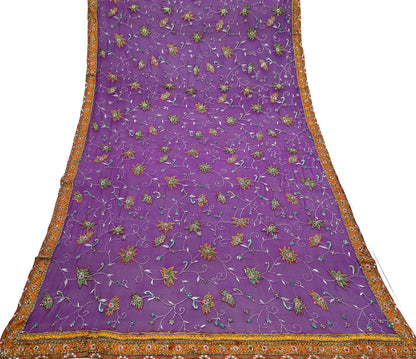 Indian Vintage Heavy Purple Dupatta Pure Georgette Silk Long Stole Hand Embroidered  Scarves Zardozi