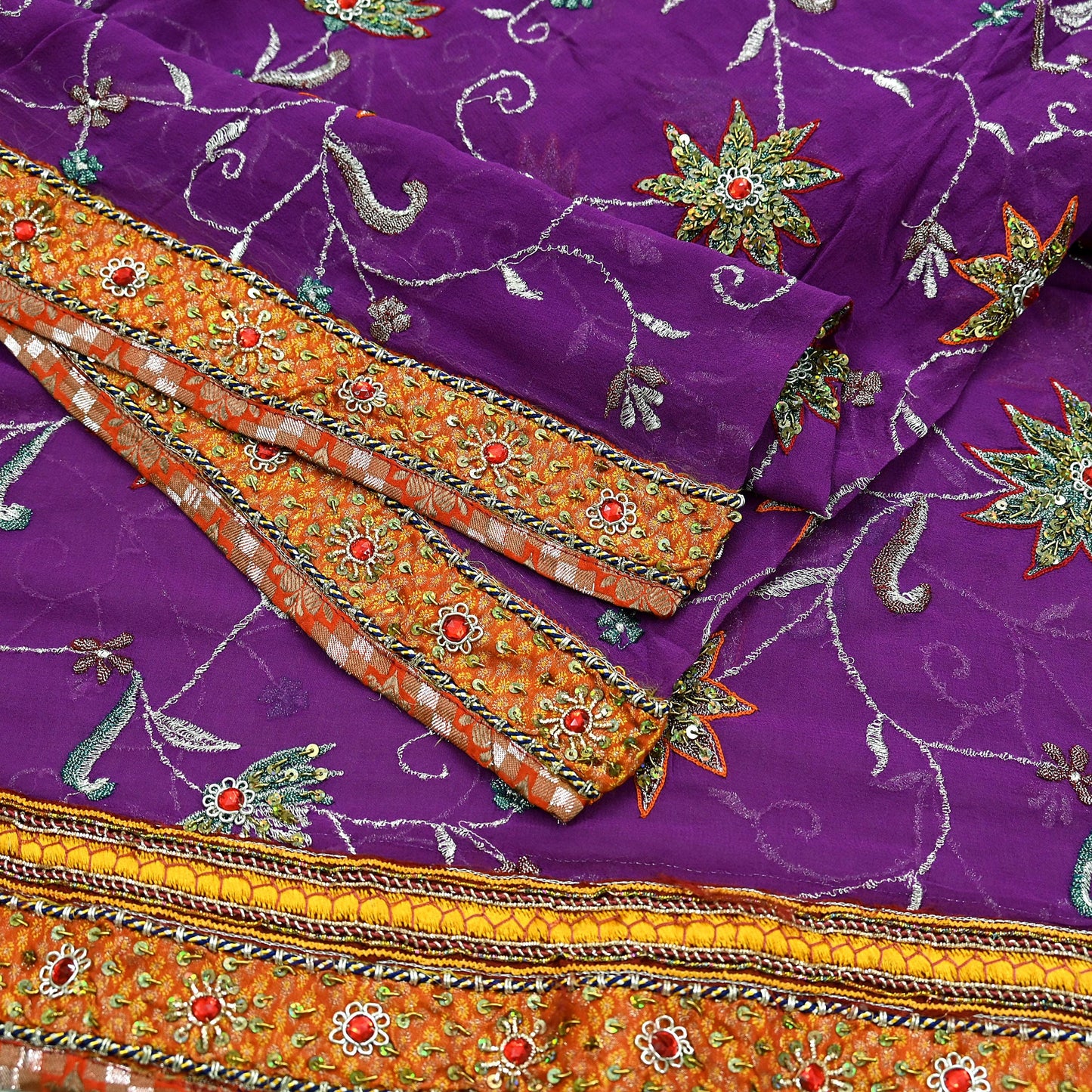 Indian Vintage Heavy Purple Dupatta Pure Georgette Silk Long Stole Hand Embroidered  Scarves Zardozi