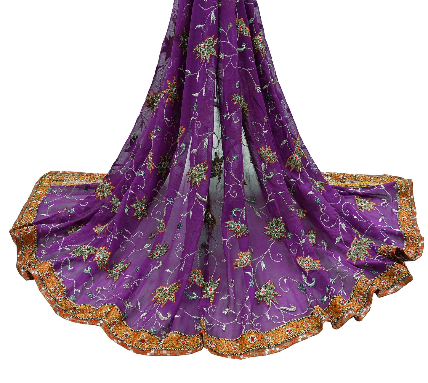 Indian Vintage Heavy Purple Dupatta Pure Georgette Silk Long Stole Hand Embroidered  Scarves Zardozi