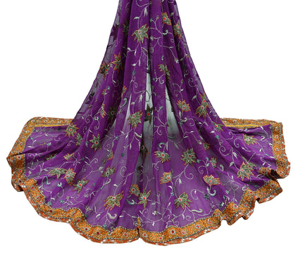 Indian Vintage Heavy Purple Dupatta Pure Georgette Silk Long Stole Hand Embroidered  Scarves Zardozi