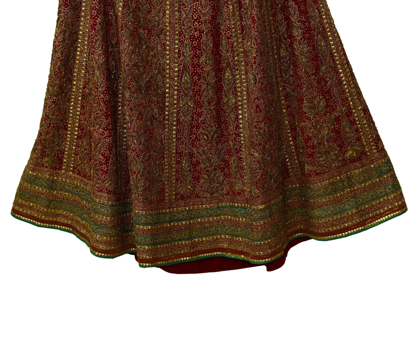 Indian Pre-owned Maroon Pure Silk Hand Embroidered Ritu Kumar Designer Lehenga/Skirt Ethnic Bollywood Party Wear