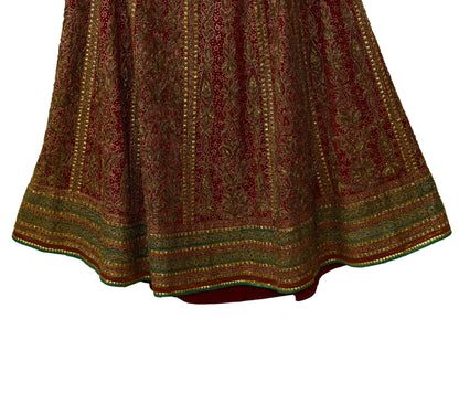 Indian Pre-owned Maroon Pure Silk Hand Embroidered Ritu Kumar Designer Lehenga/Skirt Ethnic Bollywood Party Wear