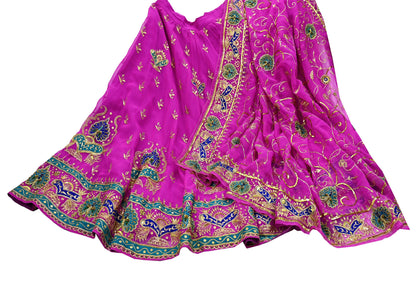 Indian Vintage Magenta American Georgette Hand Embroidered Rajputi Phoshak Lehenga/Dupatta 2pcs Set Bridal Party Wear Peacock Design Zari