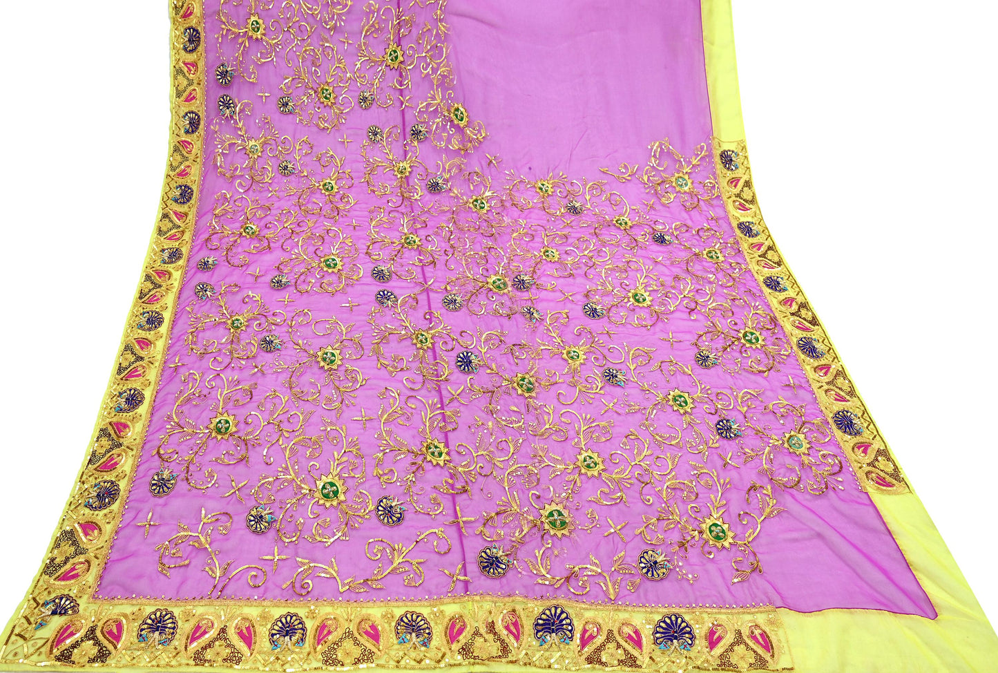 Indian Vintage Magenta & Green American Georgette Hand Embroidered Rajputi Phoshak Lehenga/Dupatta 2pcs Set Bridal Party Wear Peacock Design