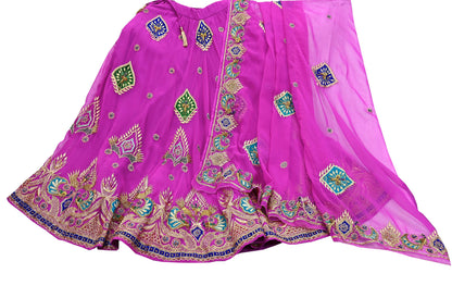 Indian Vintage Magenta American Georgette Hand Embroidered Rajputi Phoshak Lehenga/Dupatta 2pcs Set Bridal Party Wear Peacock Design Zari