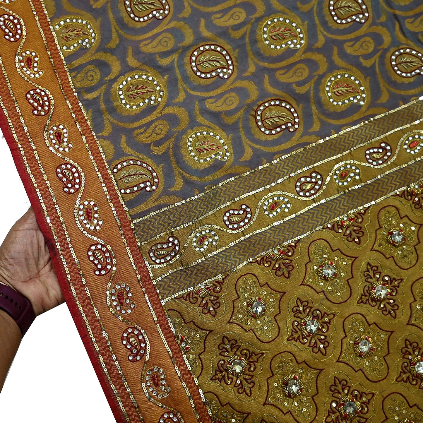 Indian Vintage Kanjivaram Saree Heavy Hand Embroidered Pure Silk Purple & Saffron Bridal Fabric 5 Yards Dress Making Bollywood Sarees