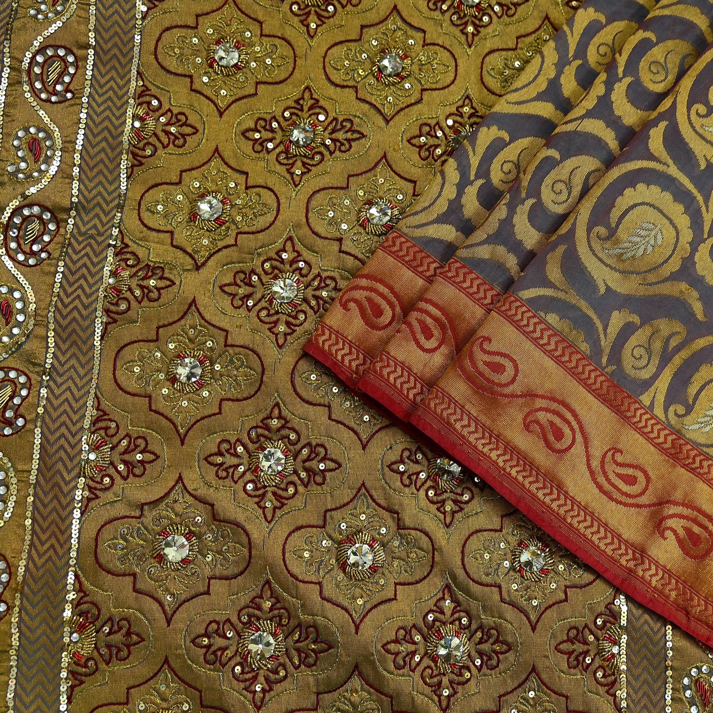 Indian Vintage Kanjivaram Saree Heavy Hand Embroidered Pure Silk Purple & Saffron Bridal Fabric 5 Yards Dress Making Bollywood Sarees