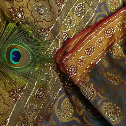 Indian Vintage Kanjivaram Saree Heavy Hand Embroidered Pure Silk Purple & Saffron Bridal Fabric 5 Yards Dress Making Bollywood Sarees