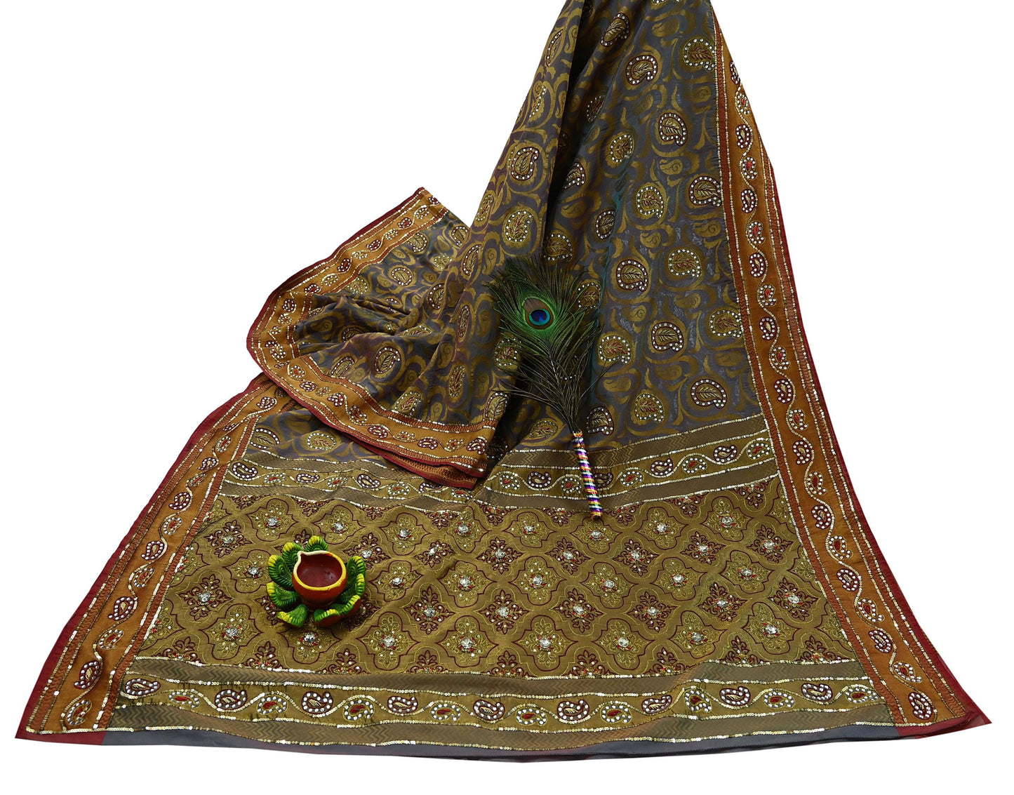 Indian Vintage Kanjivaram Saree Heavy Hand Embroidered Pure Silk Purple & Saffron Bridal Fabric 5 Yards Dress Making Bollywood Sarees