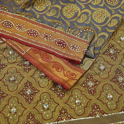 Indian Vintage Kanjivaram Saree Heavy Hand Embroidered Pure Silk Purple & Saffron Bridal Fabric 5 Yards Dress Making Bollywood Sarees