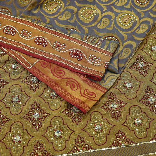 Indian Vintage Kanjivaram Saree Heavy Hand Embroidered Pure Silk Purple & Saffron Bridal Fabric 5 Yards Dress Making Bollywood Sarees