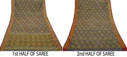 Indian Vintage Kanjivaram Saree Heavy Hand Embroidered Pure Silk Purple & Saffron Bridal Fabric 5 Yards Dress Making Bollywood Sarees