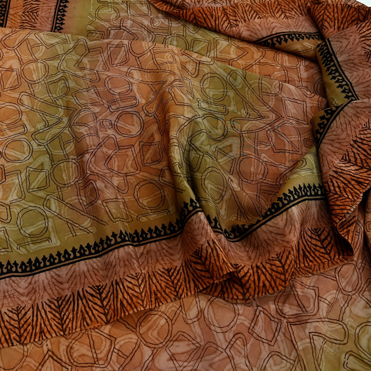 Indian Vintage Sari Green & Brown Pure Crepe Silk Printed Saree 5yd Sewing Floral Soft Craft Fabric Wrap Dress making Crafting Quilting