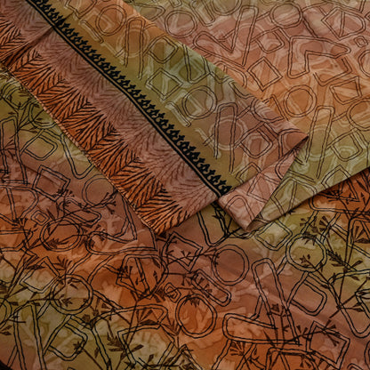 Indian Vintage Sari Green & Brown Pure Crepe Silk Printed Saree 5yd Sewing Floral Soft Craft Fabric Wrap Dress making Crafting Quilting