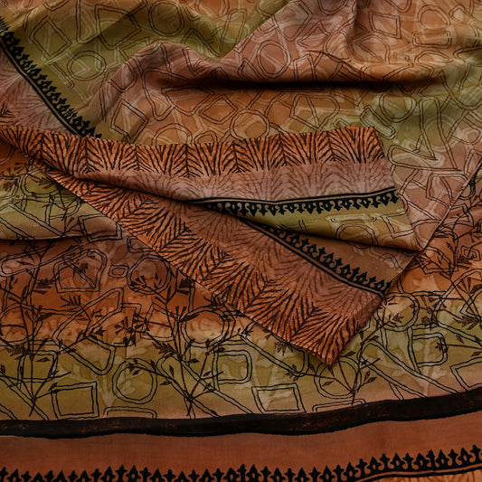 Indian Vintage Sari Green & Brown Pure Crepe Silk Printed Saree 5yd Sewing Floral Soft Craft Fabric Wrap Dress making Crafting Quilting