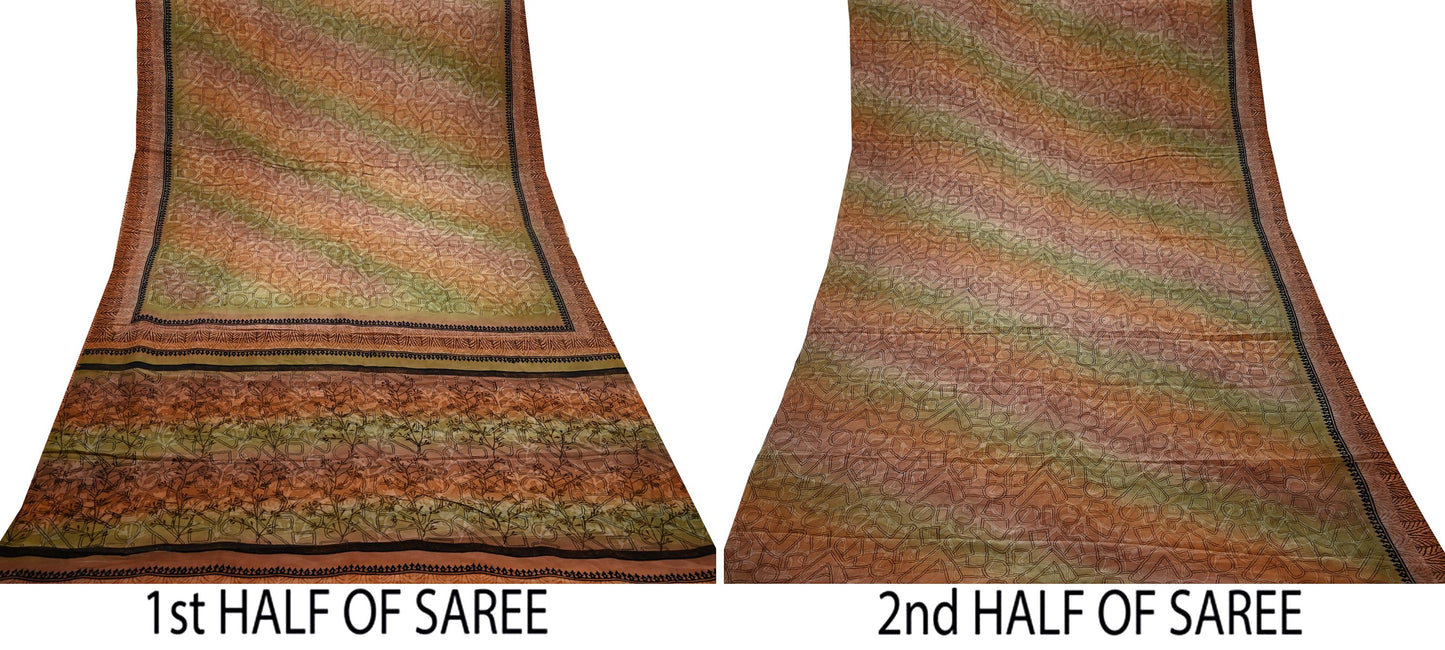 Indian Vintage Sari Green & Brown Pure Crepe Silk Printed Saree 5yd Sewing Floral Soft Craft Fabric Wrap Dress making Crafting Quilting