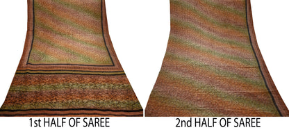 Indian Vintage Sari Green & Brown Pure Crepe Silk Printed Saree 5yd Sewing Floral Soft Craft Fabric Wrap Dress making Crafting Quilting