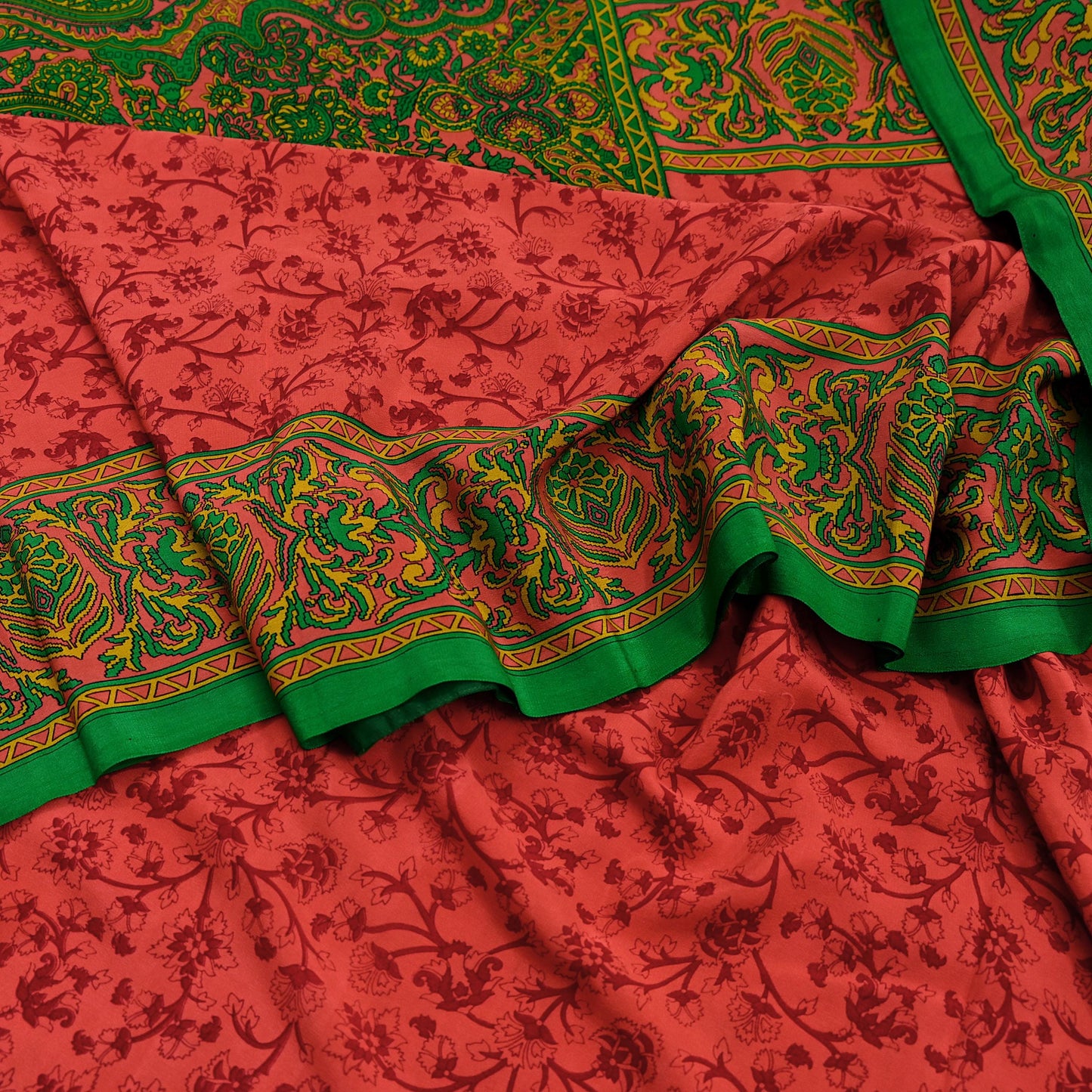 Indian Vintage Sari Green & Orange Pure Crepe Silk Block Printed Sarees 5yd Sewing Soft Craft Fabric Wrap Dress making Crafting Quilting