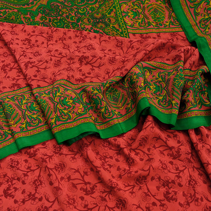 Indian Vintage Sari Green & Orange Pure Crepe Silk Block Printed Sarees 5yd Sewing Soft Craft Fabric Wrap Dress making Crafting Quilting